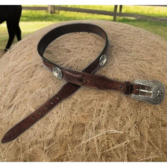 1993 Justin Leather Belt Western Star Metal Buckle Conchos Cowboy Brown W 38 main image 11